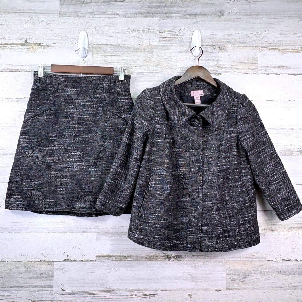 H&M Skirt Suit 6 Black Tweed Cashmere Wool Blend Peter Pan Collar Preppy 60s Mod